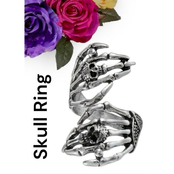 NWT Silver Double Skeleton Hand Skull Adjustable Hug Wrap Ring - Picture 1 of 5